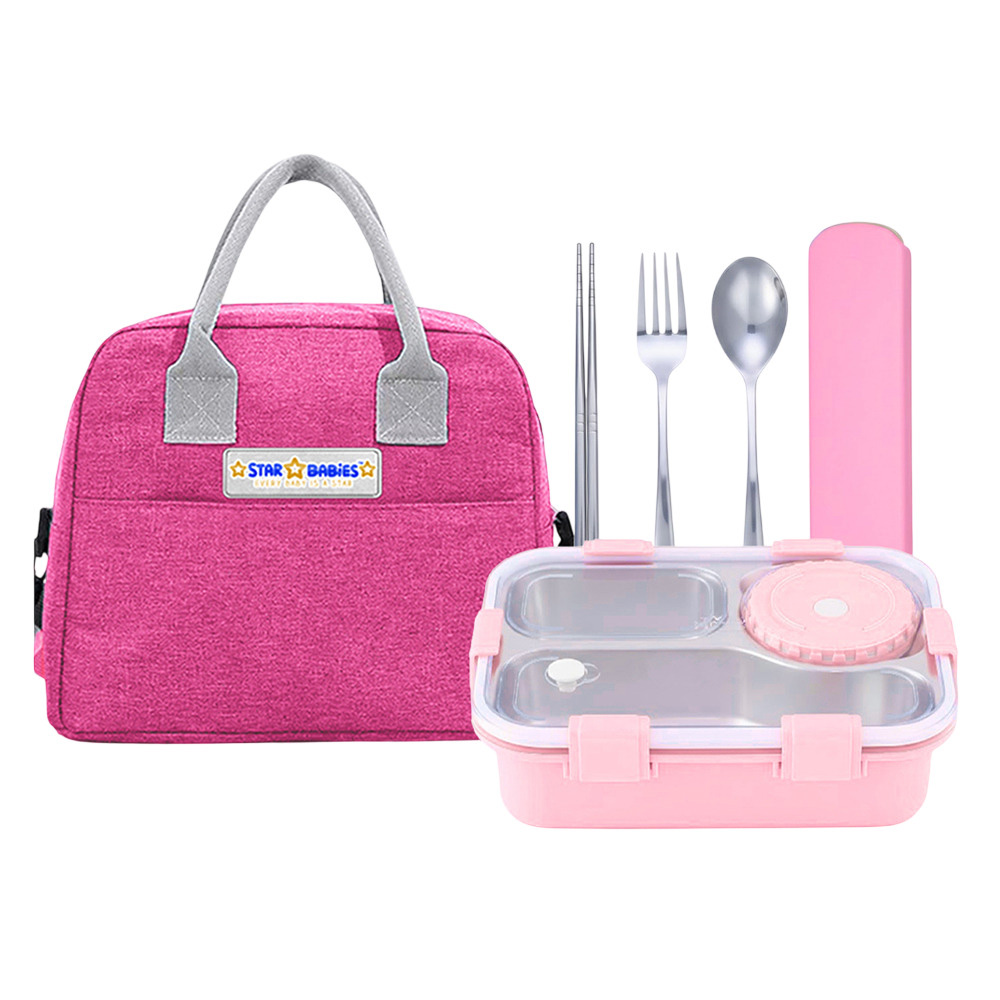Star Babies - Lunch Bag With Bento Lunch Box And Stainless Steel Cutlery Set - Pink - 6 Pc Set
