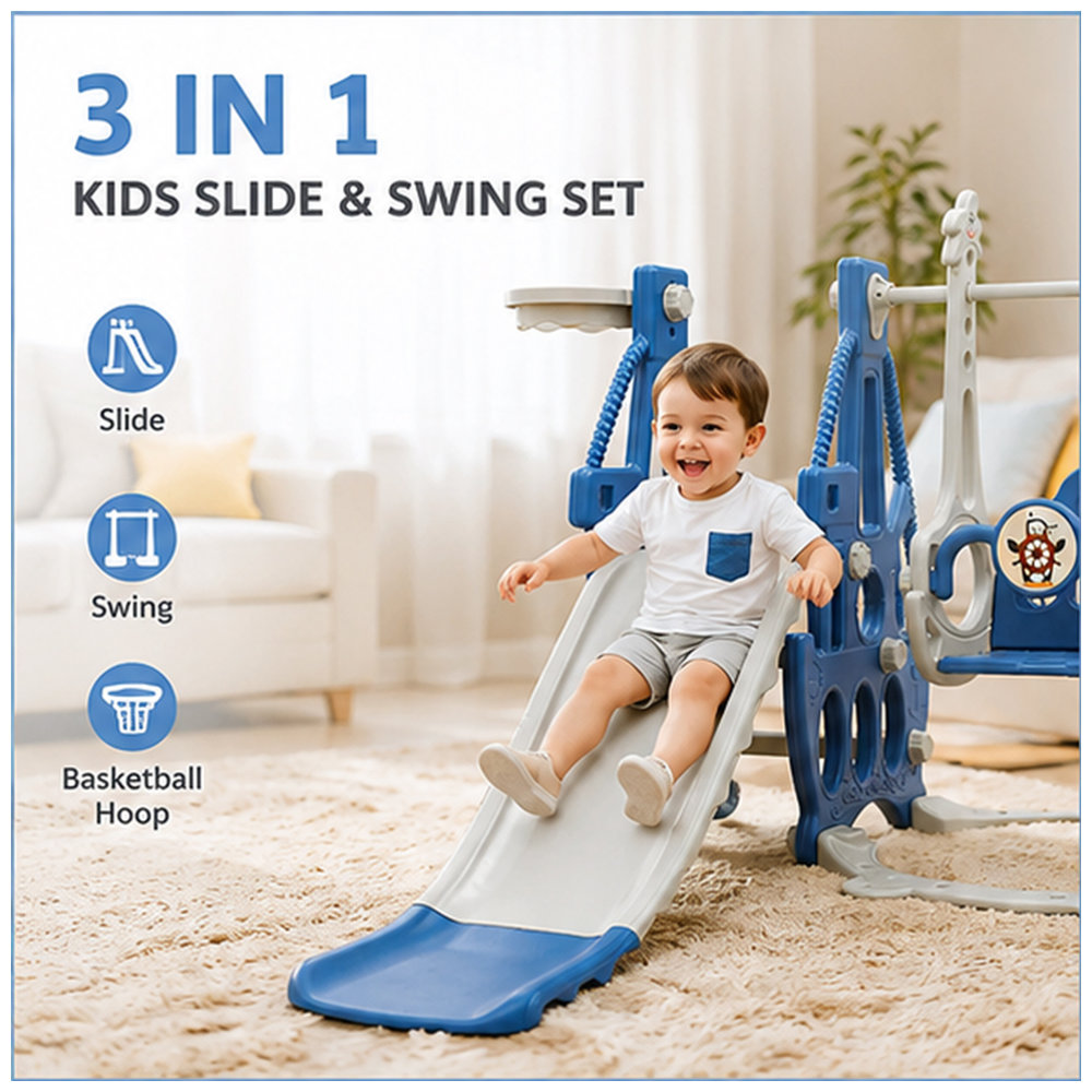 Kikibebe - 3-in-1 Multi-Function Baby Slide & Swing - For Ages 1-6, Indoor Use - Blue