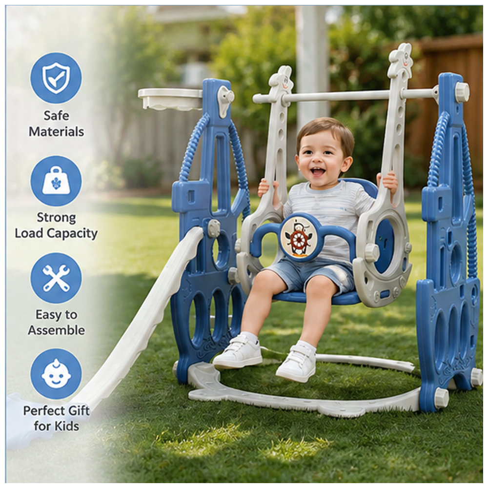 Kikibebe - 3-in-1 Multi-Function Baby Slide & Swing - For Ages 1-6, Indoor Use - Blue