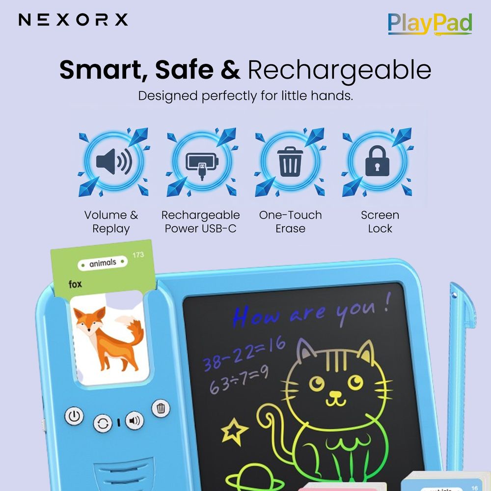 Nexorx - PlayPad Kids LCD Learning Tablet With Flash Cards - Blue