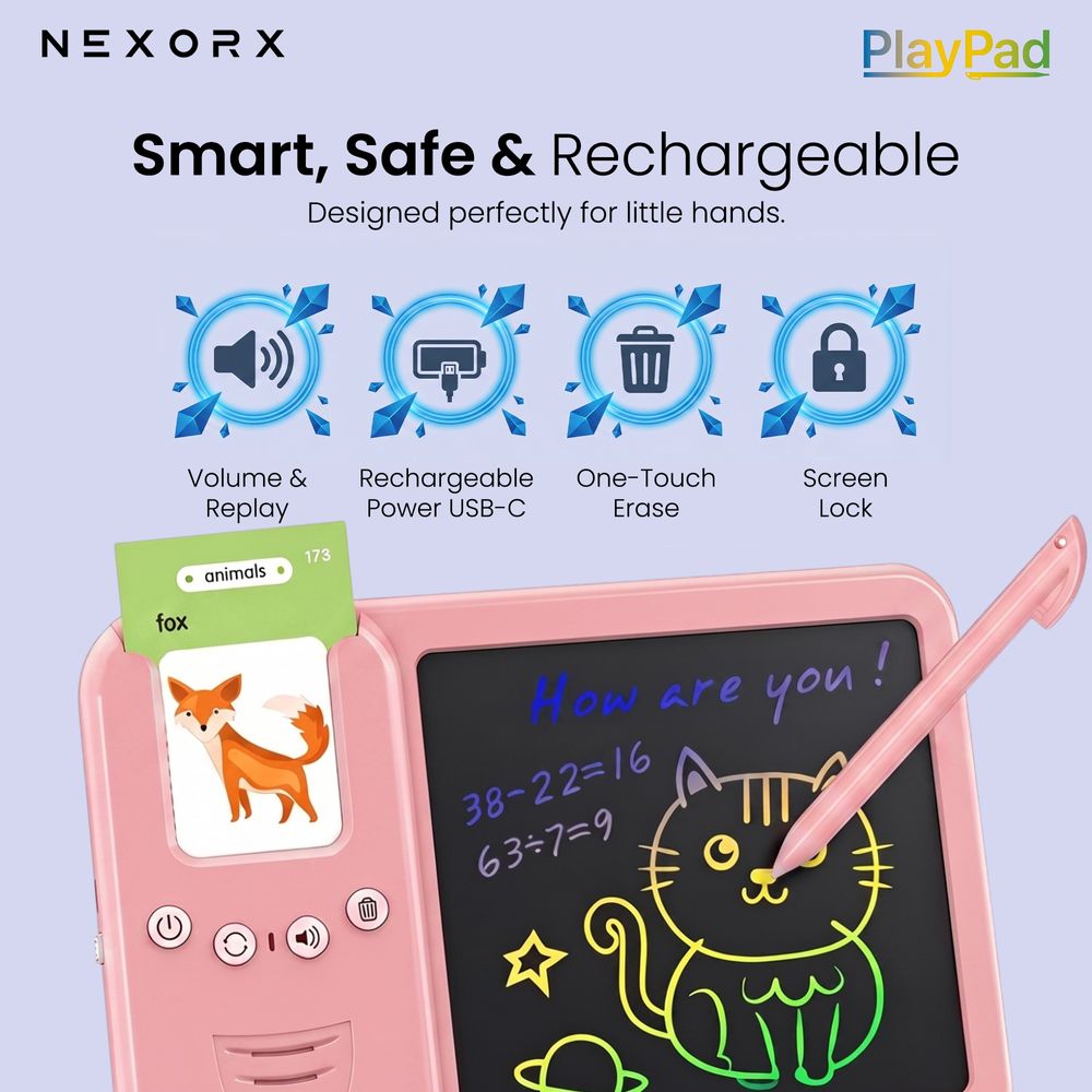 Nexorx - PlayPad Kids LCD Learning Tablet With Flash Cards - Pink