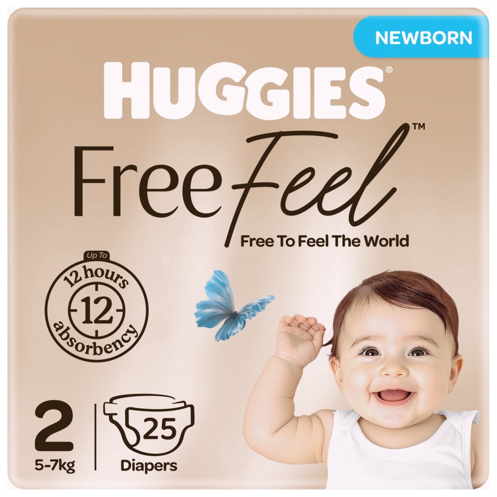 Huggies - Free Feel Newborn Baby Diapers - Size 2 - 5-7 kg - 25 Count