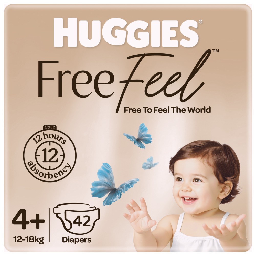 Huggies - Free Feel Active Baby Diapers - Size 4+ - 12-18 kg - 42 Count