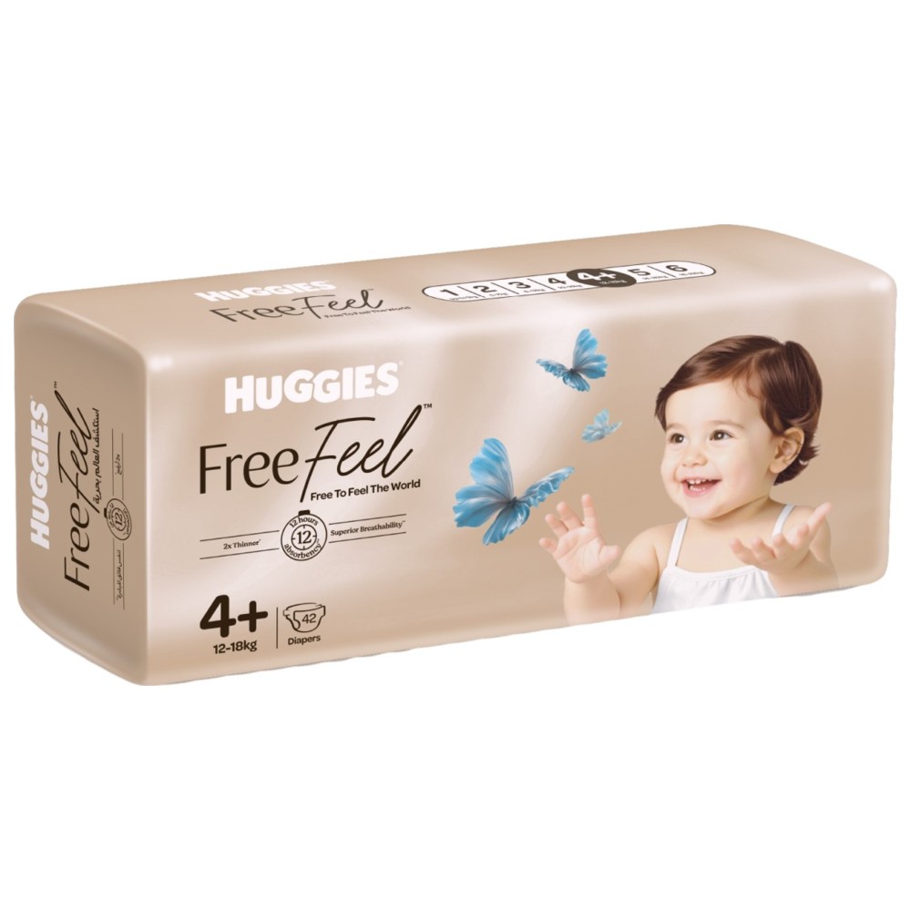 Huggies - Free Feel Active Baby Diapers - Size 4+ - 12-18 kg - 42 Count