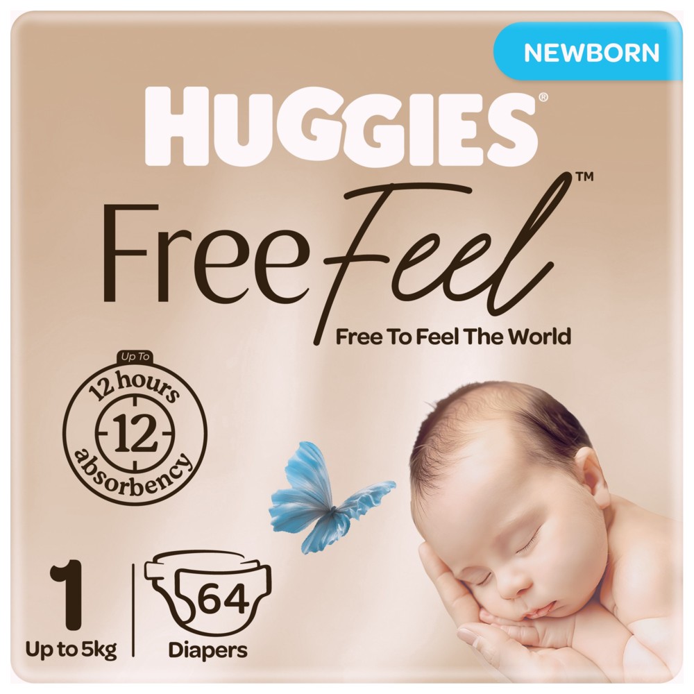Huggies - Free Feel Newborn Baby Diapers - Size 1 - Up to 5 kg - 64 Count
