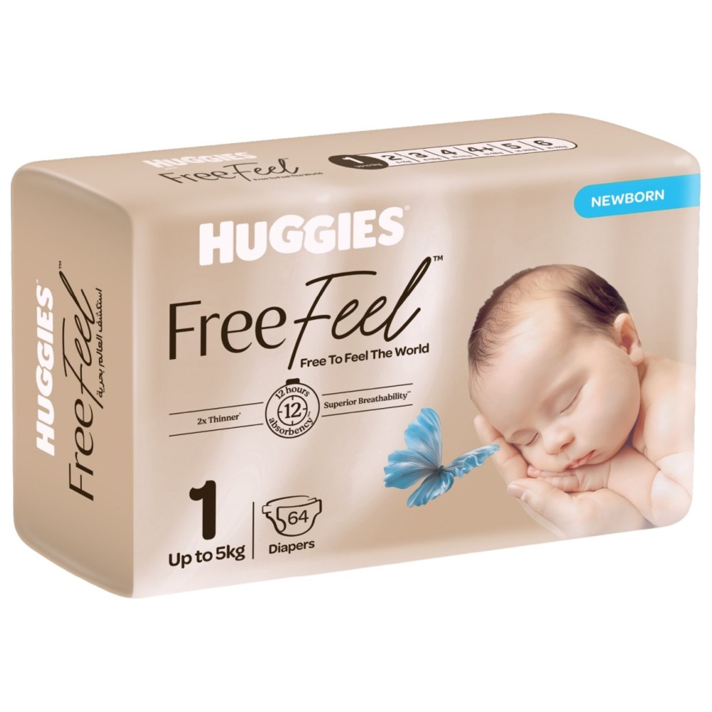 Huggies - Free Feel Newborn Baby Diapers - Size 1 - Up to 5 kg - 64 Count