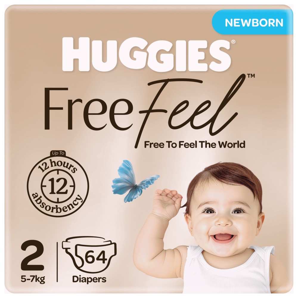 Huggies - Free Feel Newborn Baby Diapers - Size 2 - 5-7 kg - 64 Count