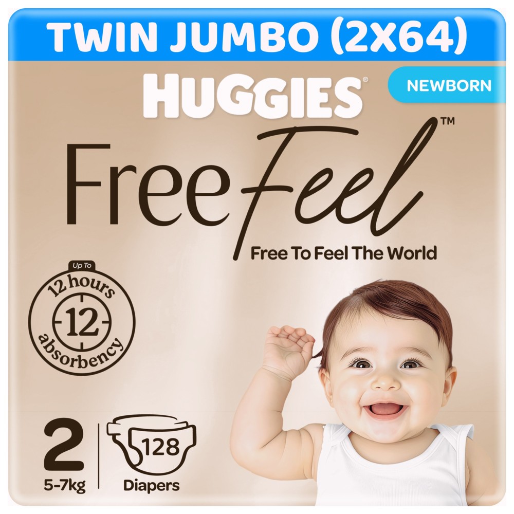 Huggies - Free Feel Newborn Baby Diapers - Jumbo Box - Size 2 - 5-7 kg - Pack of 2 - 128 Count