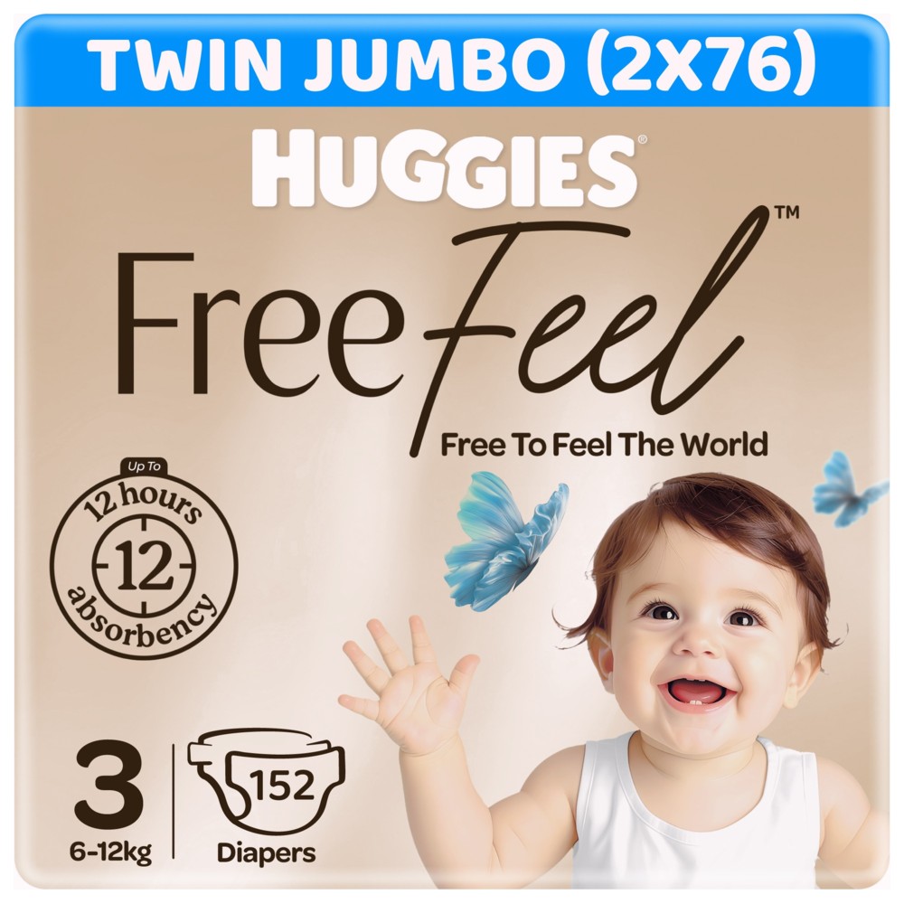 Huggies - Free Feel Active Baby Diapers - Jumbo Box - Size 3 - 6-12 kg - Pack of 2 - 152 Count