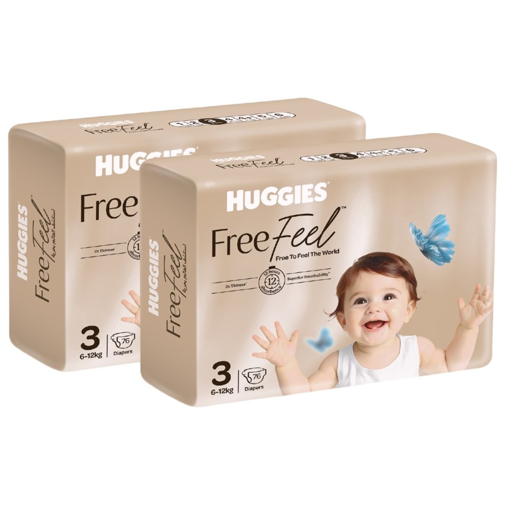 Huggies - Free Feel Active Baby Diapers - Jumbo Box - Size 3 - 6-12 kg - Pack of 2 - 152 Count
