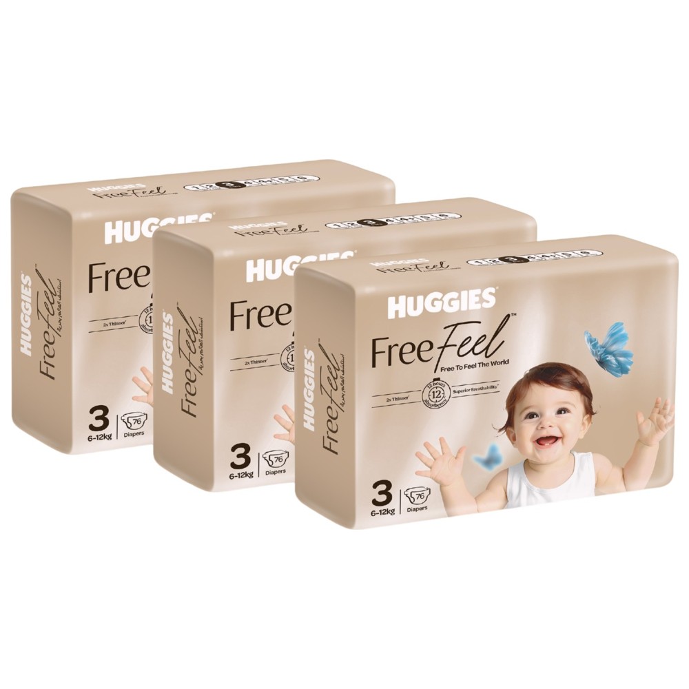 Huggies - Free Feel Active Baby Diapers - Jumbo Box - Size 3 - 6-12 kg - Pack of 3 - 228 Count