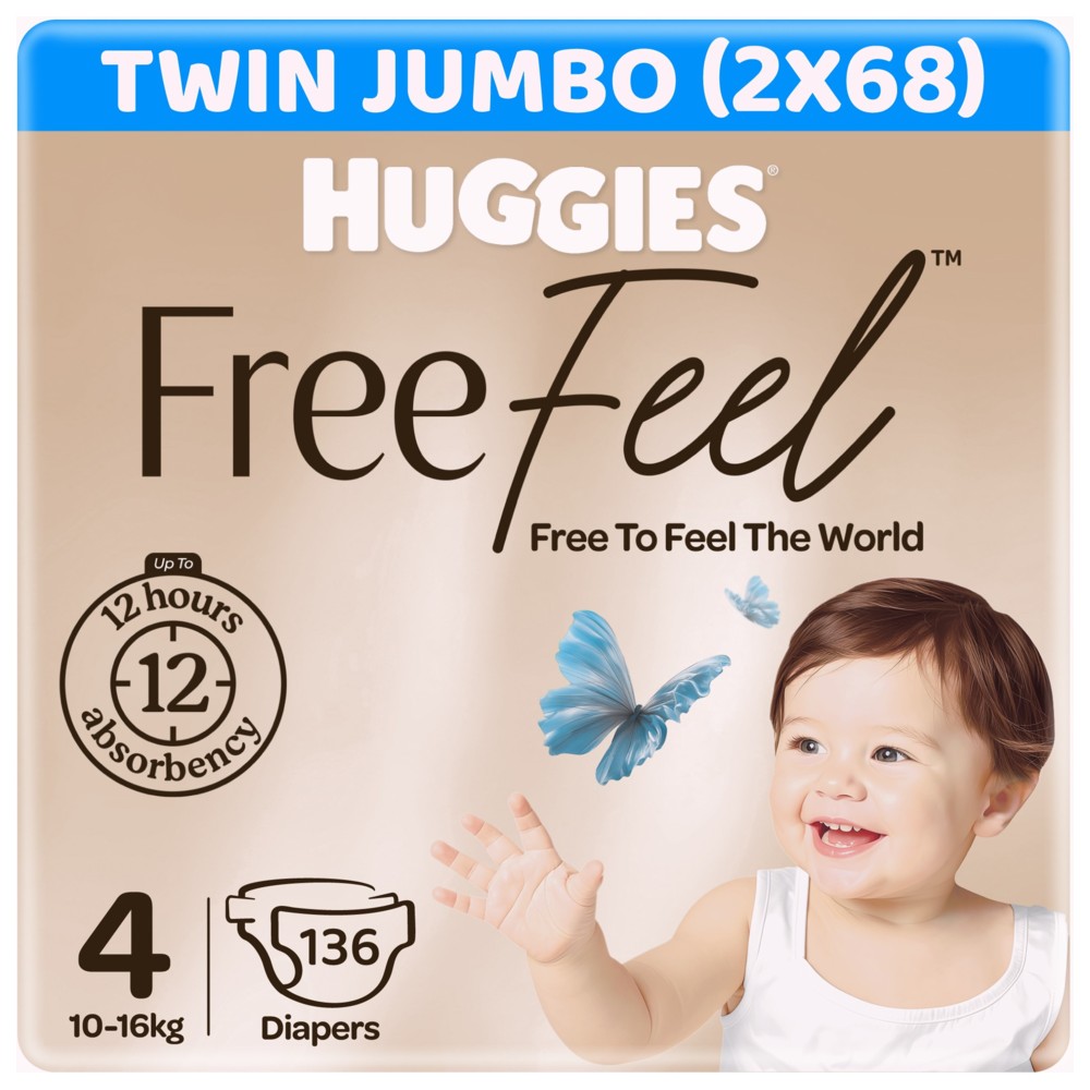 Huggies - Free Feel Active Baby Diapers - Jumbo Box - Size 4 - 10-16 kg - Pack of 2 - 136 Count