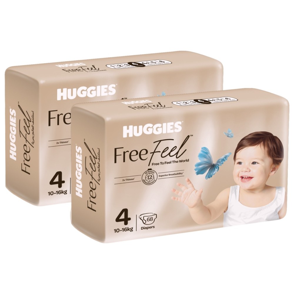 Huggies - Free Feel Active Baby Diapers - Jumbo Box - Size 4 - 10-16 kg - Pack of 2 - 136 Count
