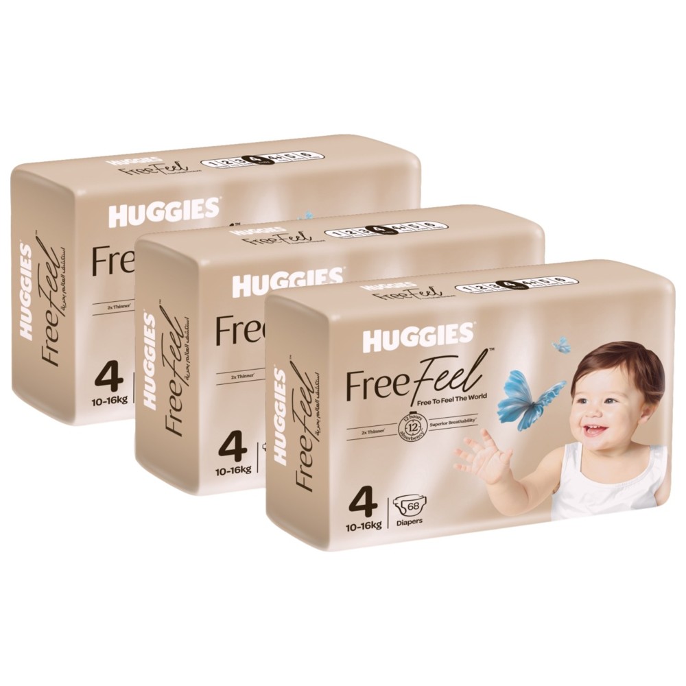 Huggies - Free Feel Active Baby Diapers - Jumbo Box - Size 4 - 10-16 kg - Pack of 3 - 204 Count