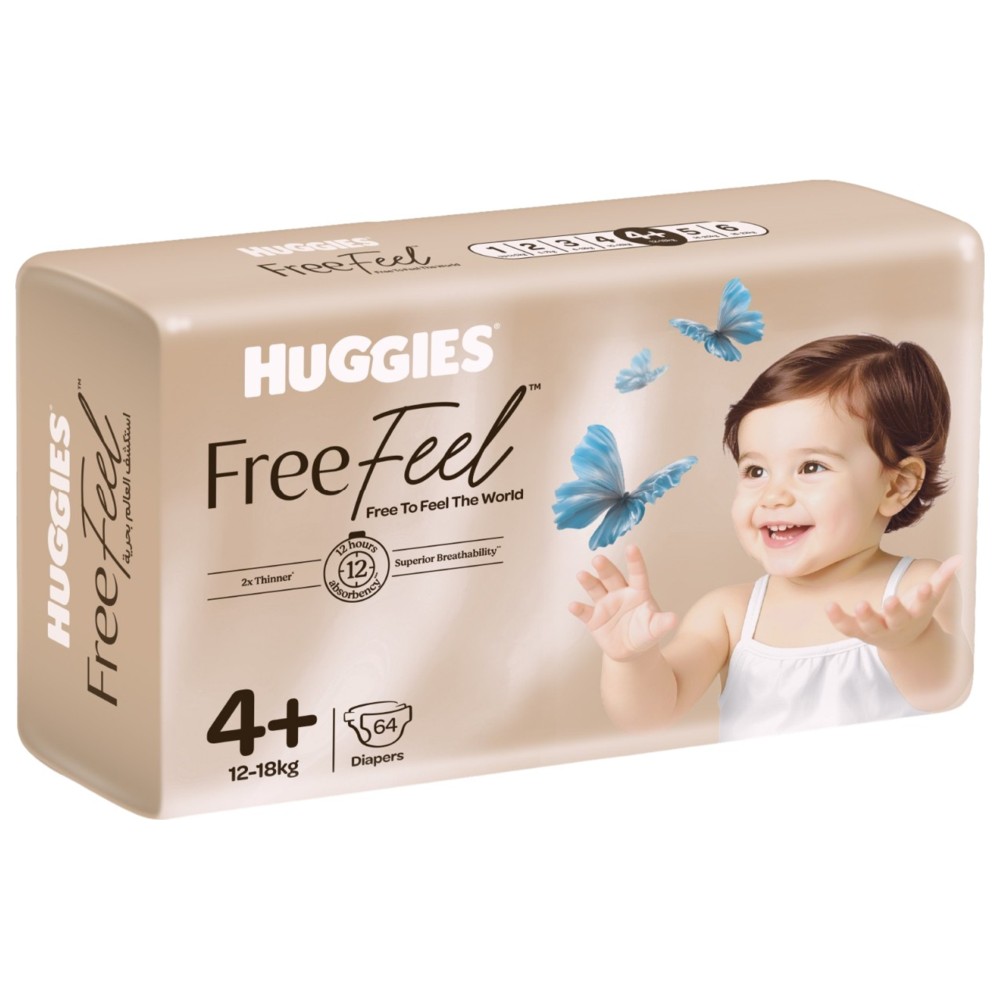 Huggies - Free Feel Active Baby Diapers - Size 4+ - 12-18 kg - 64 Count