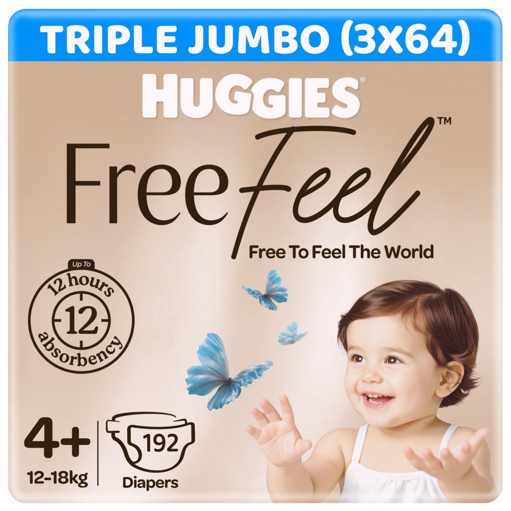 Huggies - Free Feel Active Baby Diapers - Jumbo Box - Size 4+ - 12-18 kg - Pack of 3 - 192 Count