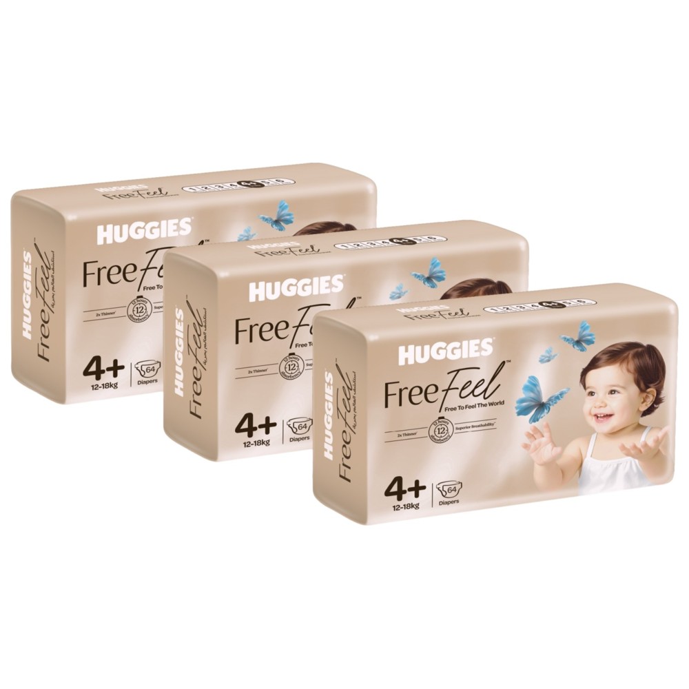 Huggies - Free Feel Active Baby Diapers - Jumbo Box - Size 4+ - 12-18 kg - Pack of 3 - 192 Count