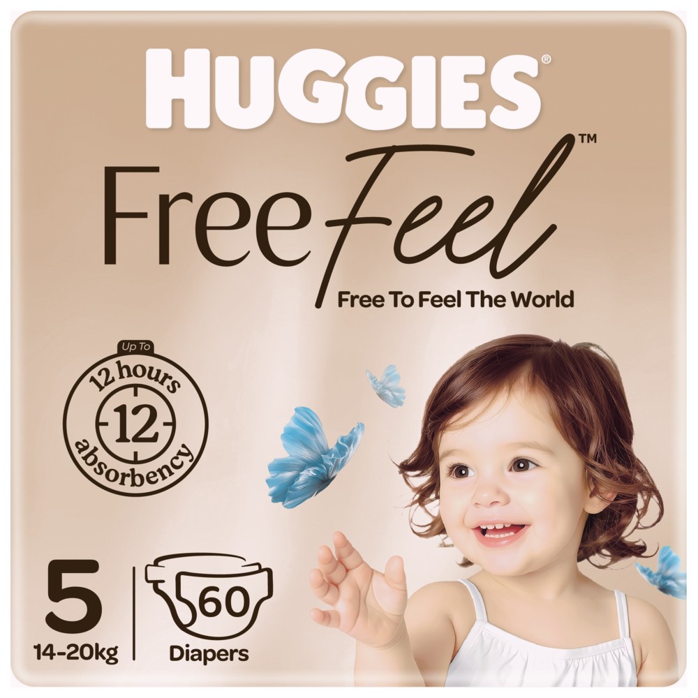 Huggies - Free Feel Active Baby Diapers - Size 5 - 14-20 kg - 60 Count
