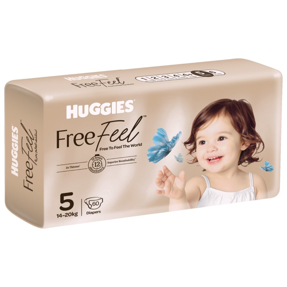Huggies - Free Feel Active Baby Diapers - Size 5 - 14-20 kg - 60 Count