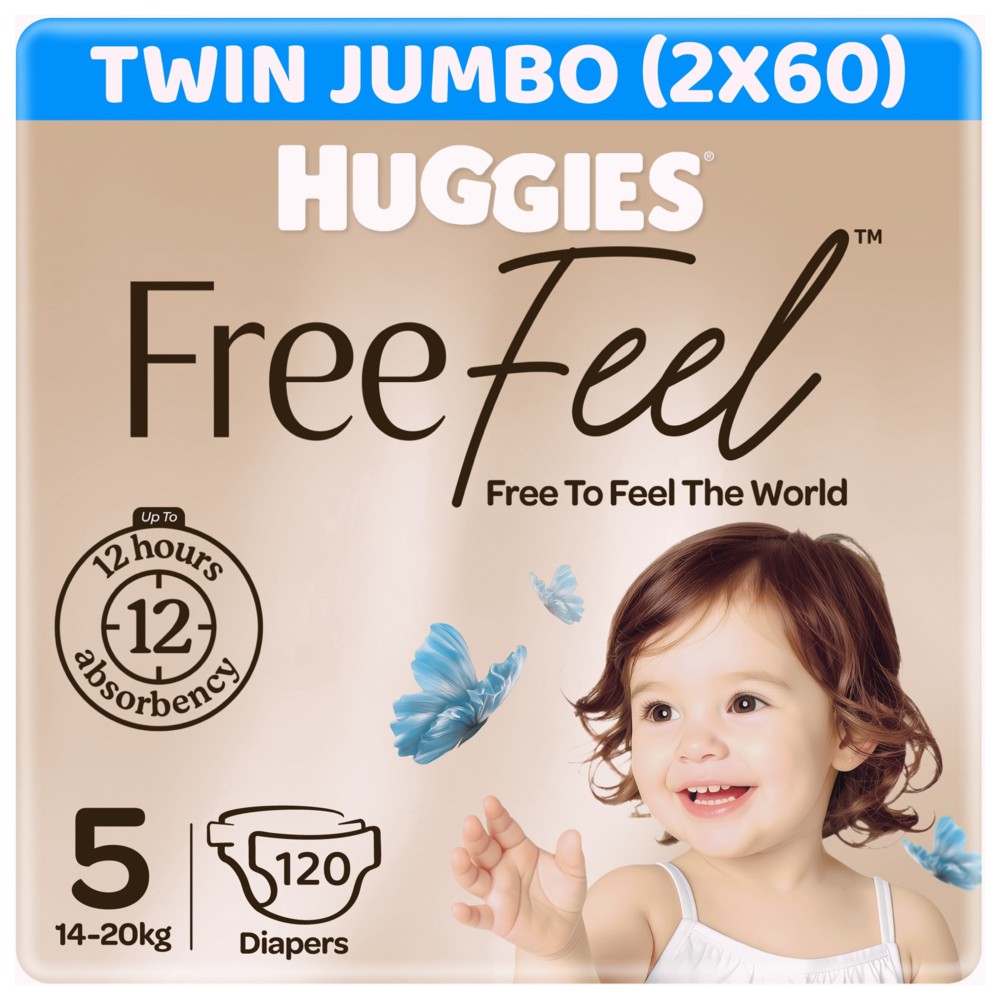Huggies - Free Feel Active Baby Diapers - Jumbo Box - Size 5 - 14-20 kg - Pack of 2 - 120 Count
