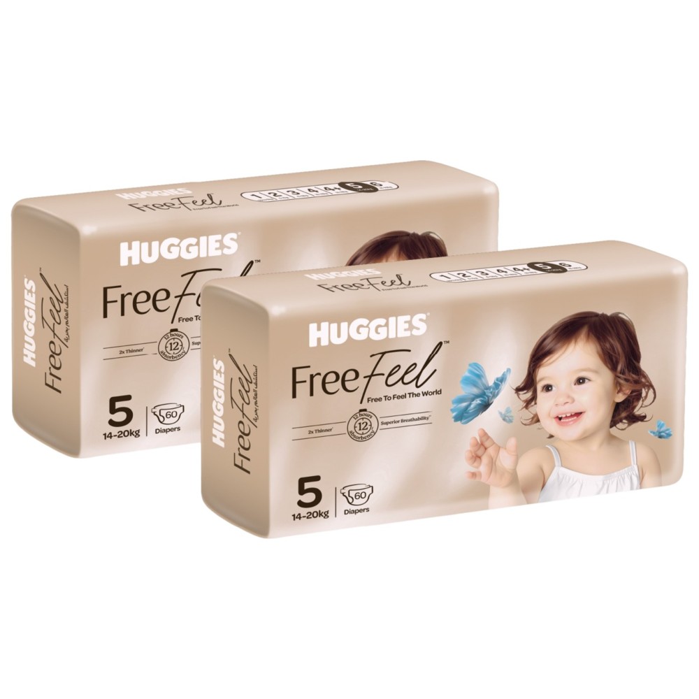 Huggies - Free Feel Active Baby Diapers - Jumbo Box - Size 5 - 14-20 kg - Pack of 2 - 120 Count