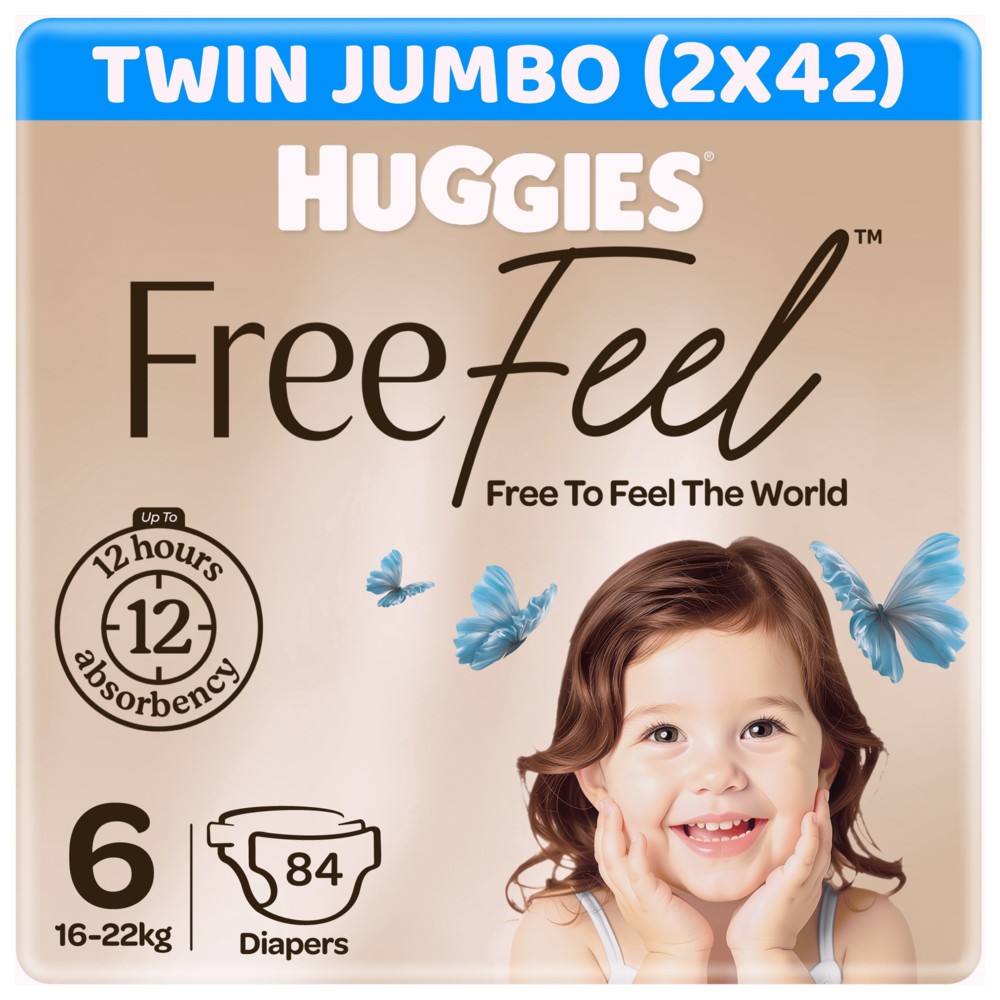 Huggies - Free Feel Active Baby Diapers - Jumbo Box - Size 6 - 16-22 kg - Pack of 2 - 84 Count