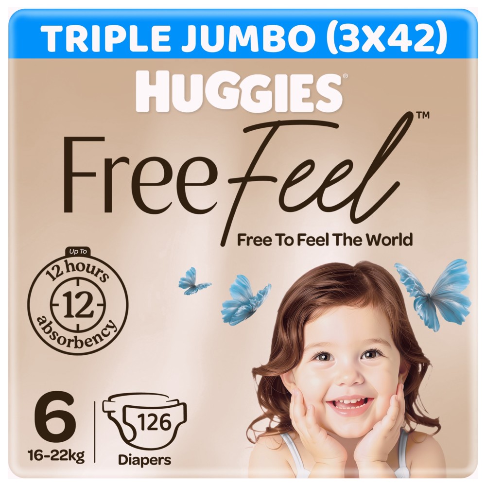 Huggies - Free Feel Active Baby Diapers - Jumbo Box - Size 6 - 16-22 kg - Pack of 3 - 126 Count