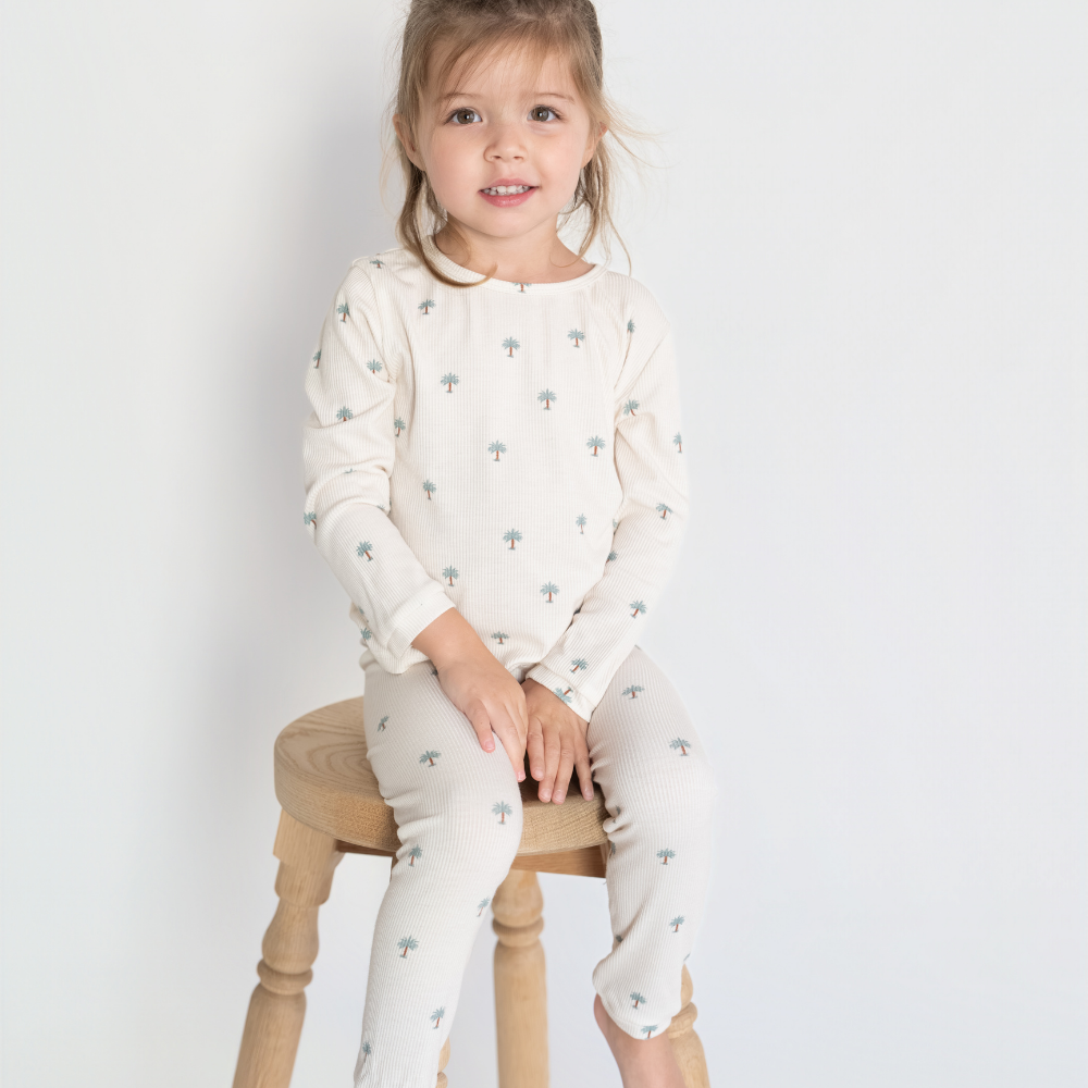 Hushabye Kids Date Palm Print Ribbed Bamboo Pyjama Neutral - 2 Pcs