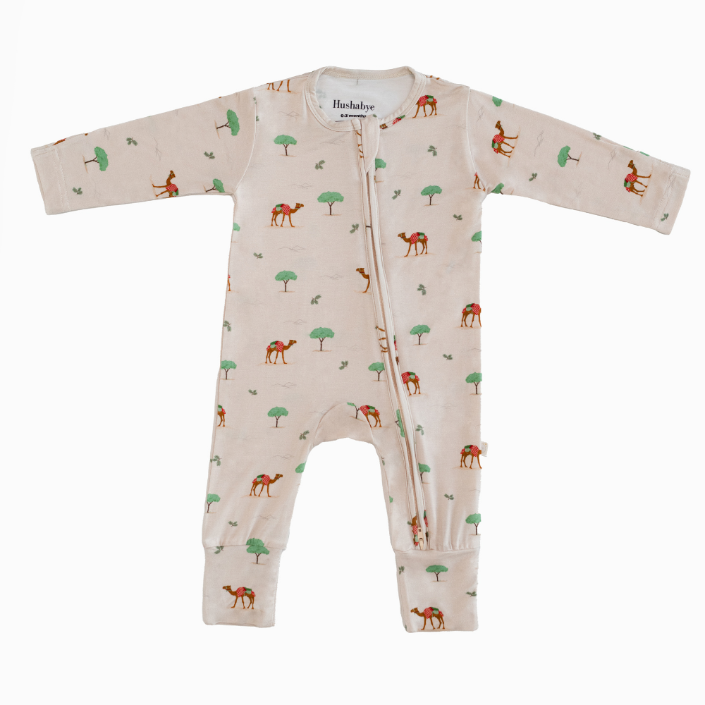 Hushabye Organic Bamboo Camel Printed Zippered Sleepsuit - Beige