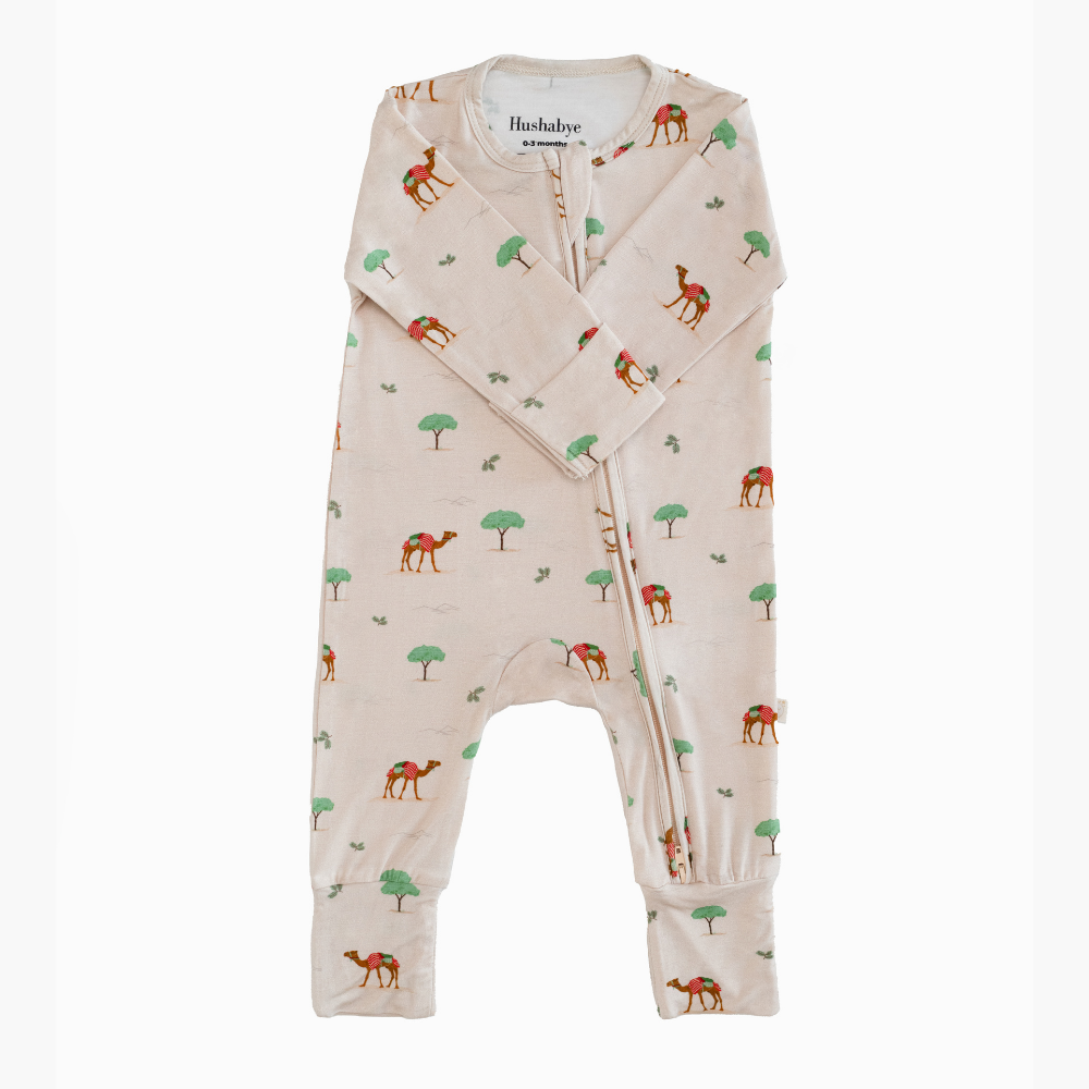 Hushabye Organic Bamboo Camel Printed Zippered Sleepsuit - Beige