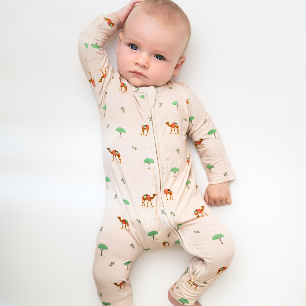 Hushabye Organic Bamboo Camel Printed Zippered Sleepsuit - Beige