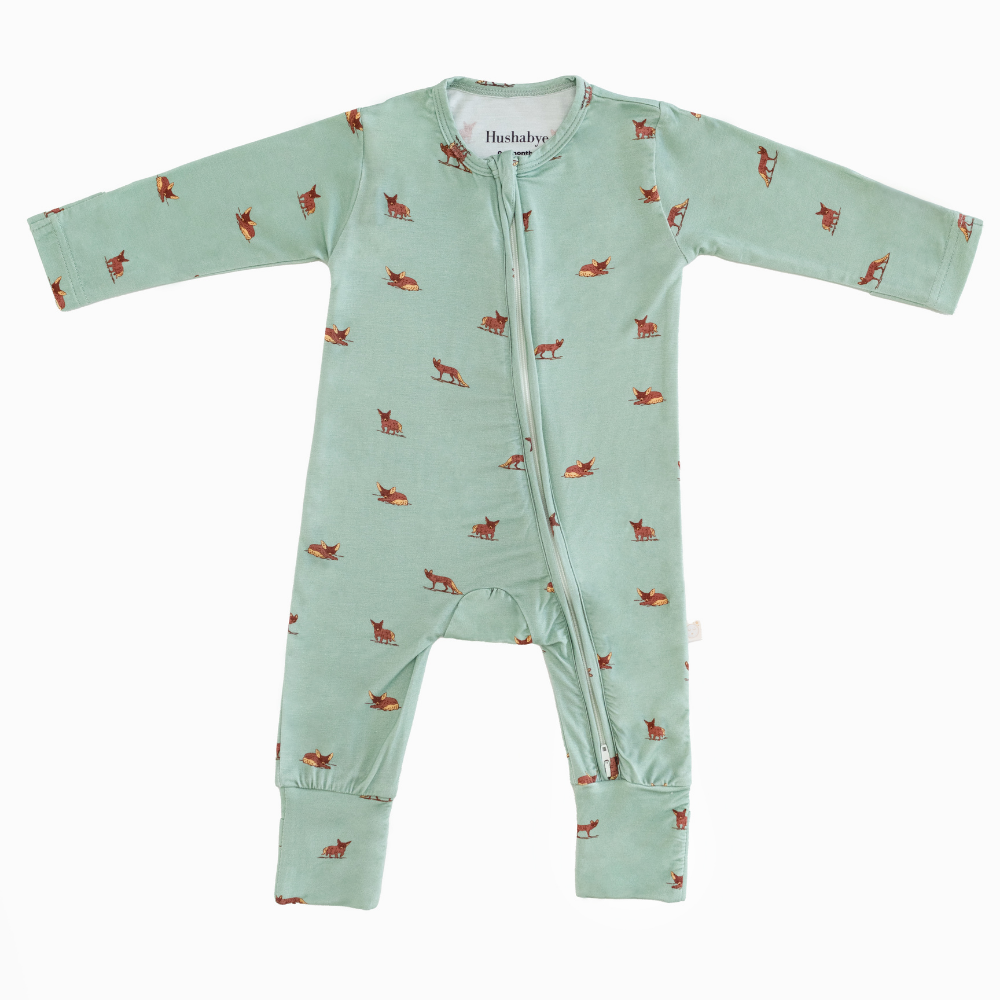 Hushabye Organic Bamboo Desert Fox Printed Zippered Sleepsuit - Green