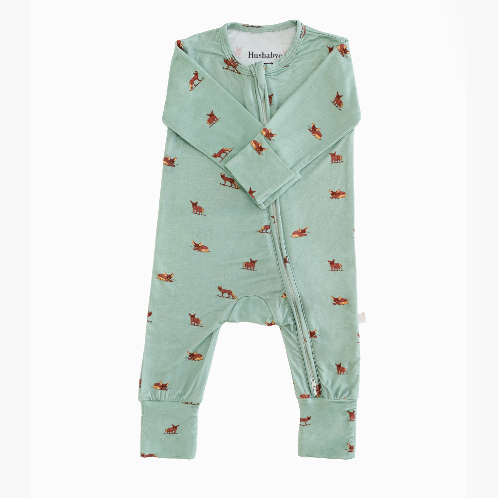 Hushabye Organic Bamboo Desert Fox Printed Zippered Sleepsuit - Green
