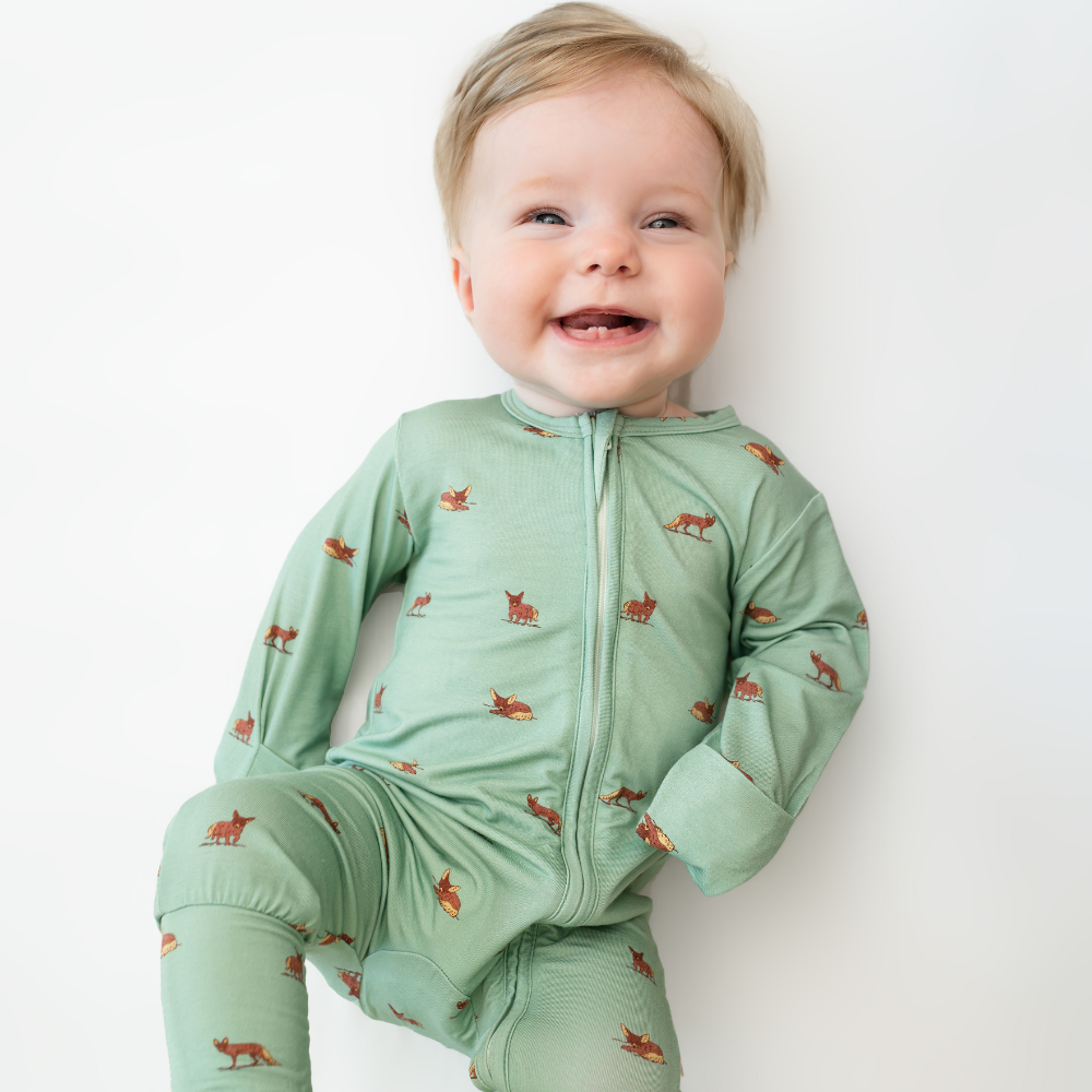 Hushabye Organic Bamboo Desert Fox Printed Zippered Sleepsuit - Green