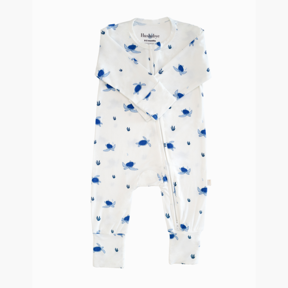 Hushabye Organic Bamboo Turtles Printed Zippered Sleepsuit - White
