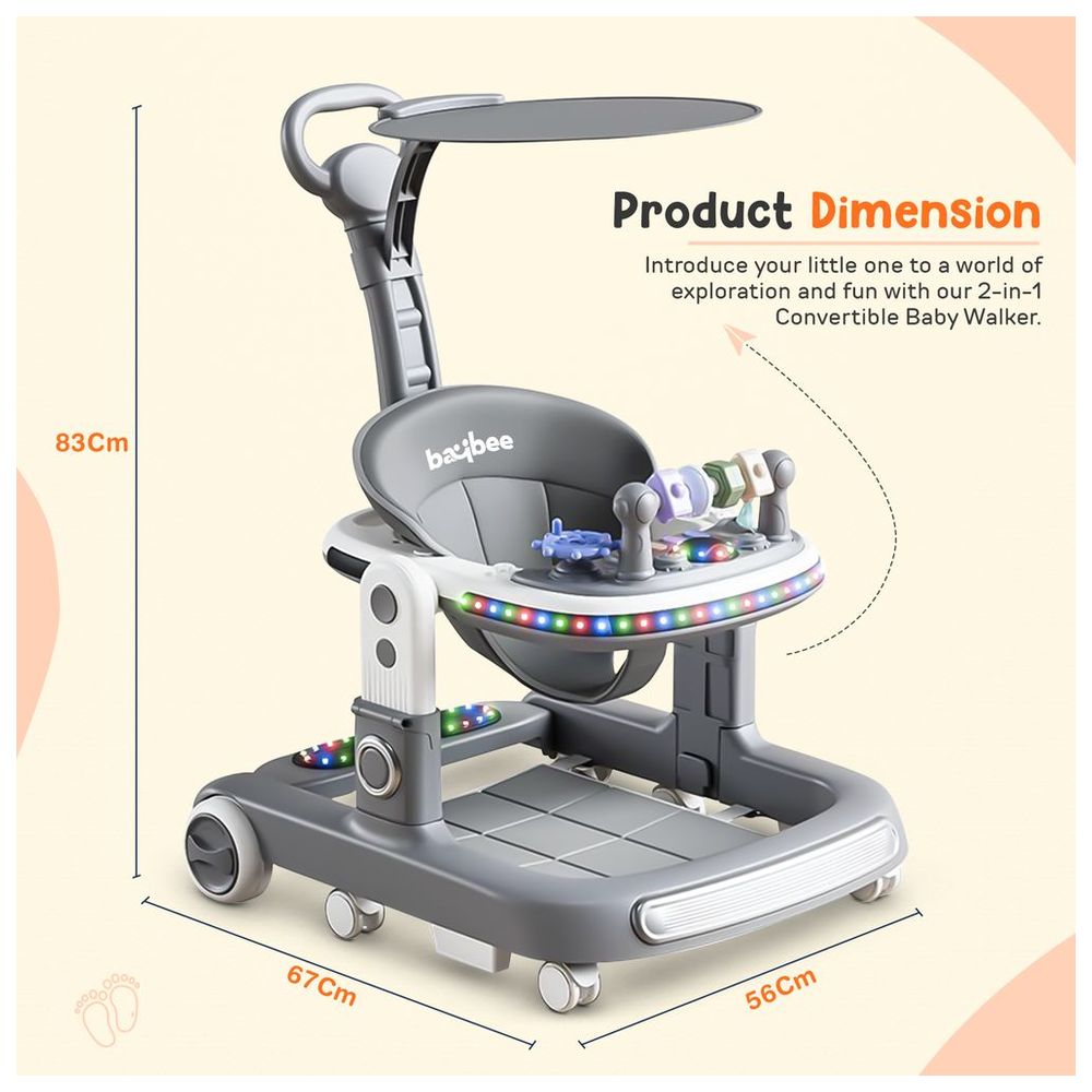 Baybee - 2-in-1 Versatile Push Baby Walker - Grey
