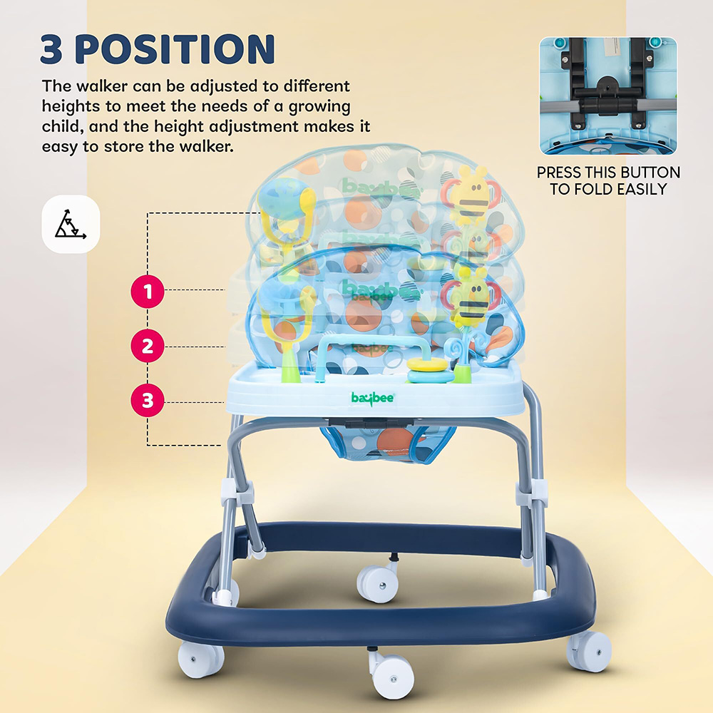 Baybee - Shrumo Foldable Baby Walker With Adjustable Height, Music & Lights - Blue