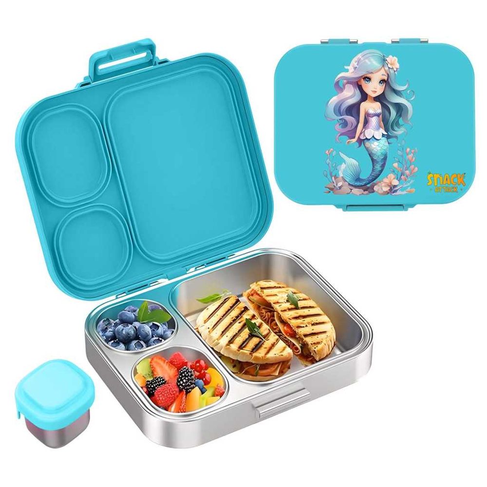 Snack Attack - 4 Compartment Stainless Steel Lunch Bento Box - Aqua Mermaid - 710 ml