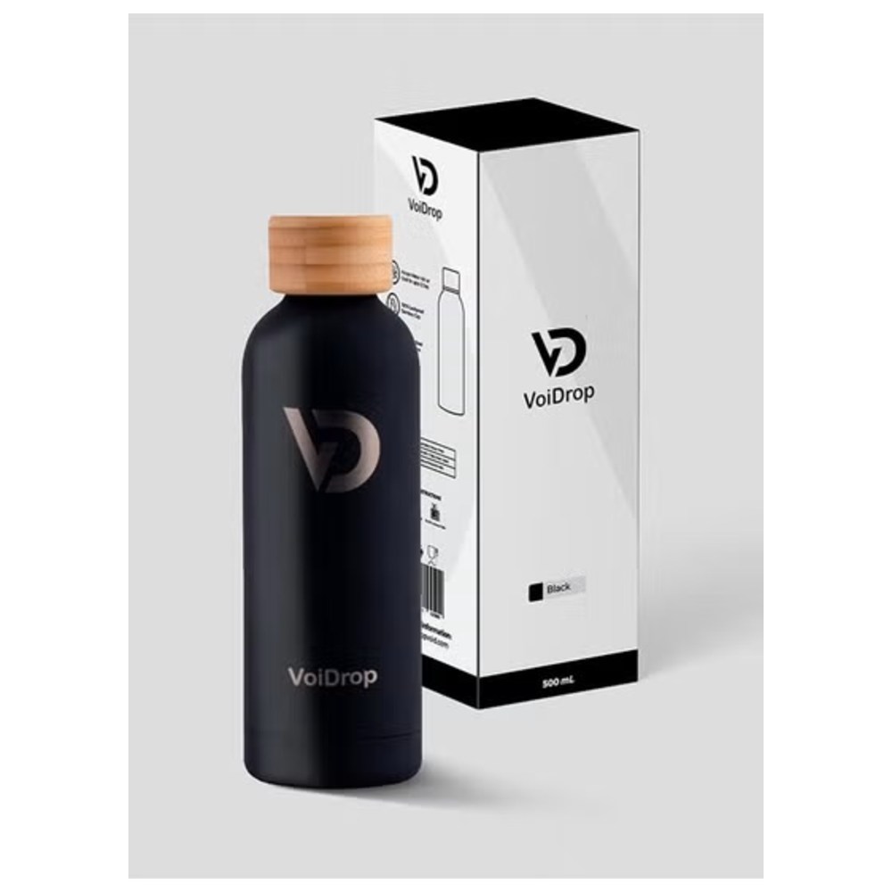 Voidrop - Insulated Water Bottle w/ Bamboo Lid & Silicon Ring - Black - 750 ml