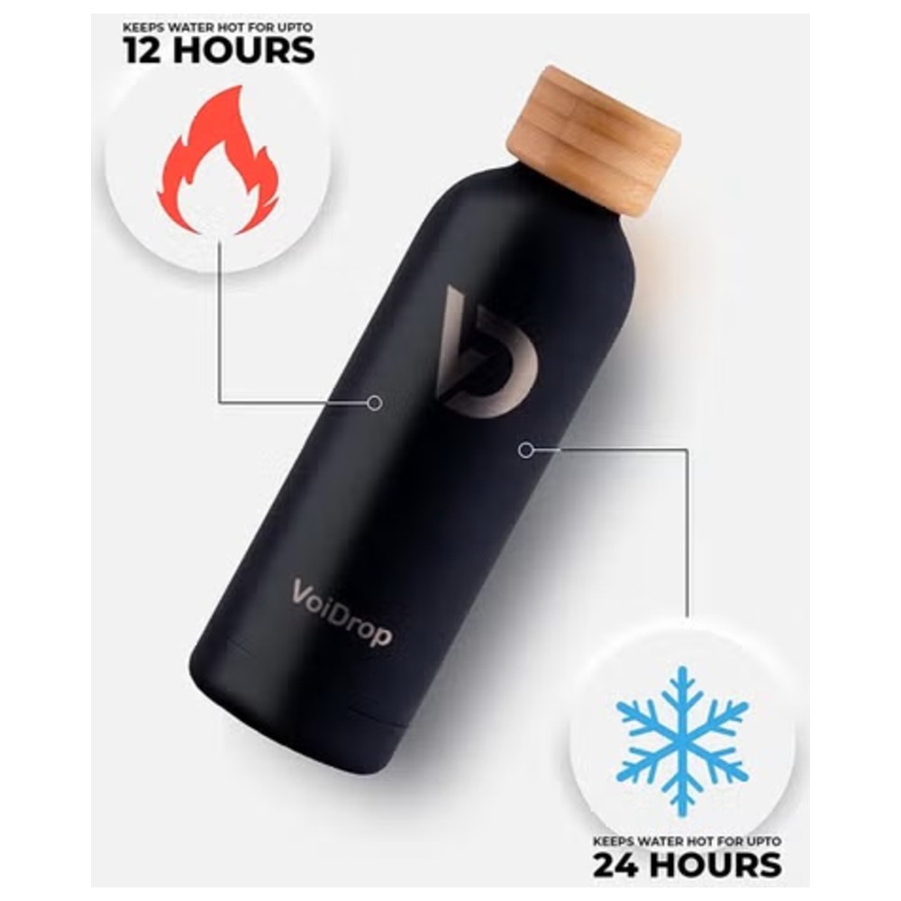 Voidrop - Insulated Water Bottle w/ Bamboo Lid & Silicon Ring - Black - 750 ml