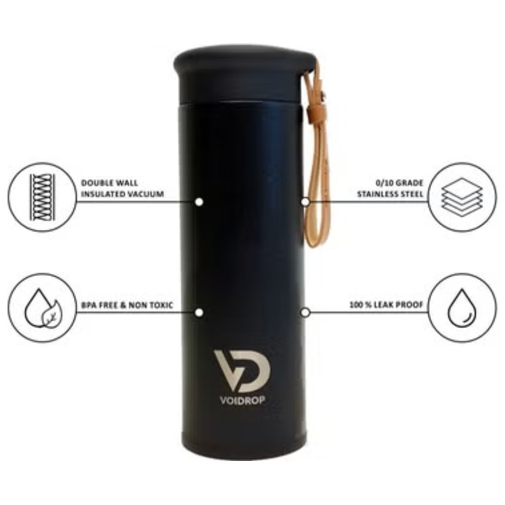 Voidrop - Insulated Water Bottle w/ Filter & PU Strap - Night Black - 450 ml