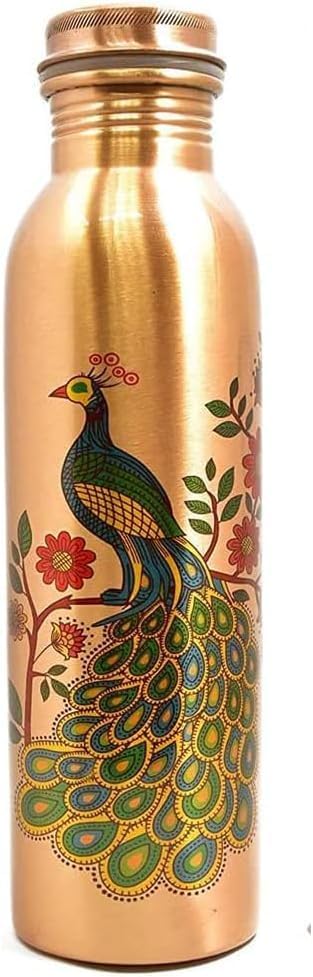 Voidrop Peacock Printed Pure Copper Water Bottle - Brown - 1 L