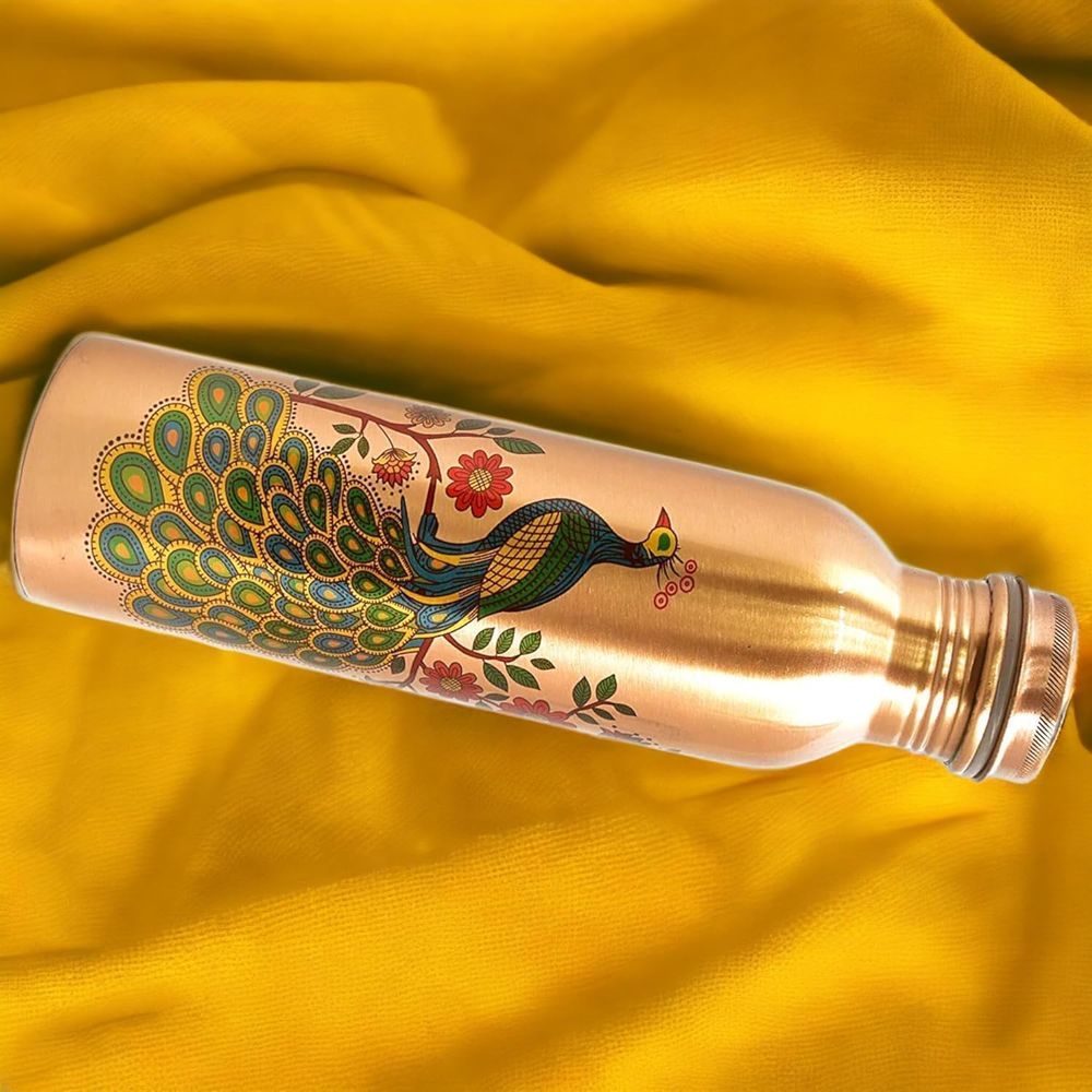 Voidrop Peacock Printed Pure Copper Water Bottle - Brown - 1 L