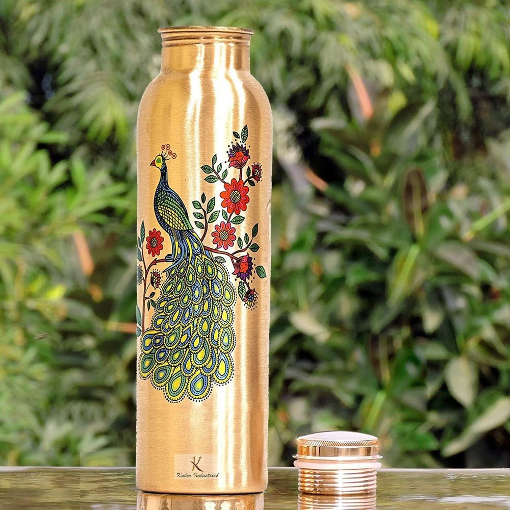 Voidrop Peacock Printed Pure Copper Water Bottle - Brown - 1 L