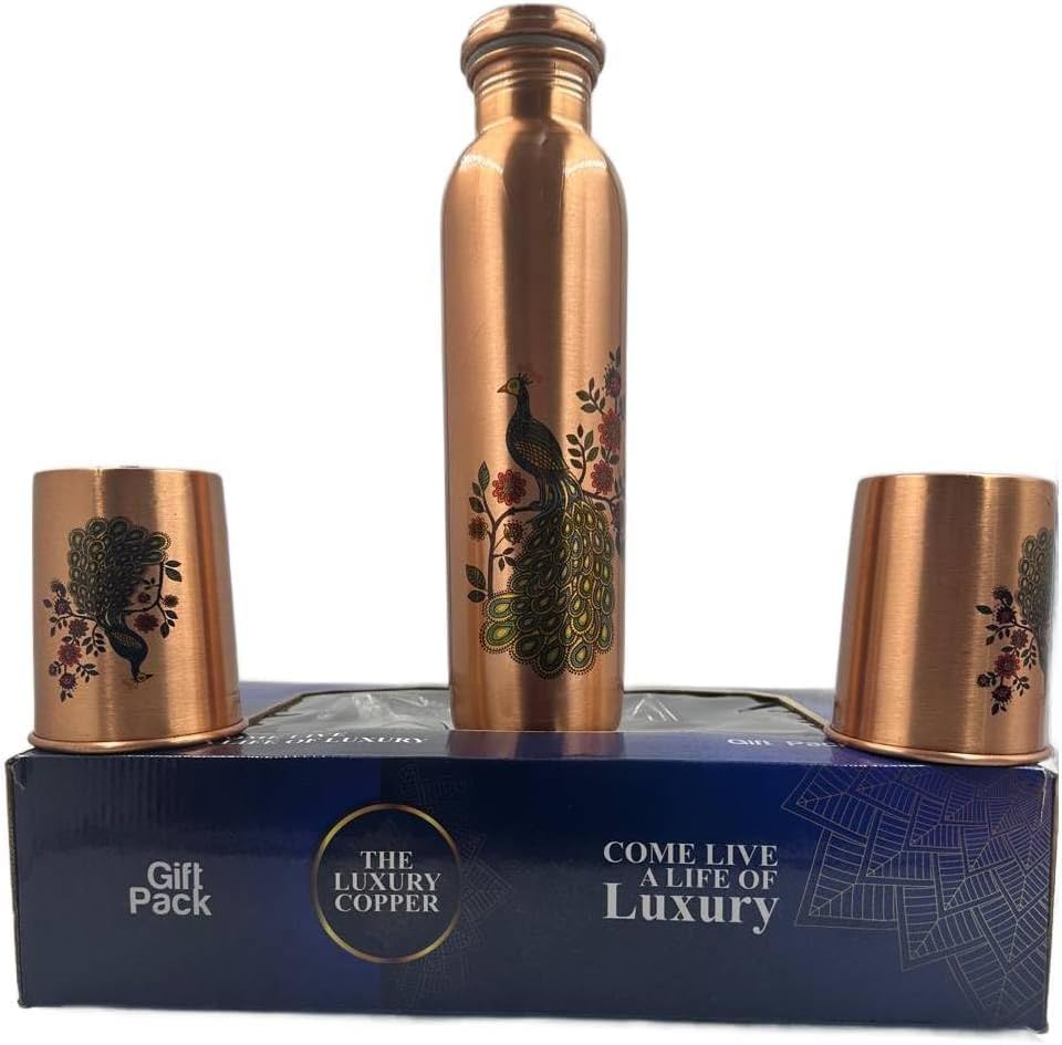 Voidrop Peacock Printed Pure Copper Water Bottle & Glass Set - Brown - 3 Pcs