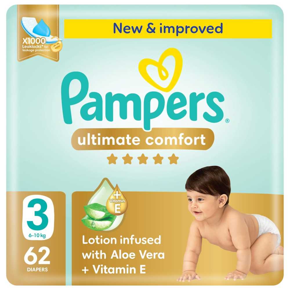 Pampers - Ultimate Comfort Baby Diapers - Size 3 - 6-10 Kg - 62 Count