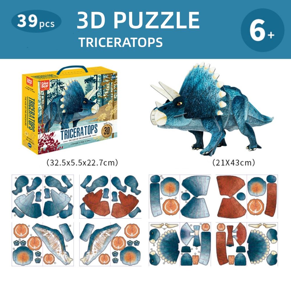 Hibobi - 3D Stereoscopic Puzzle - Triceratops - 39 Pc Set