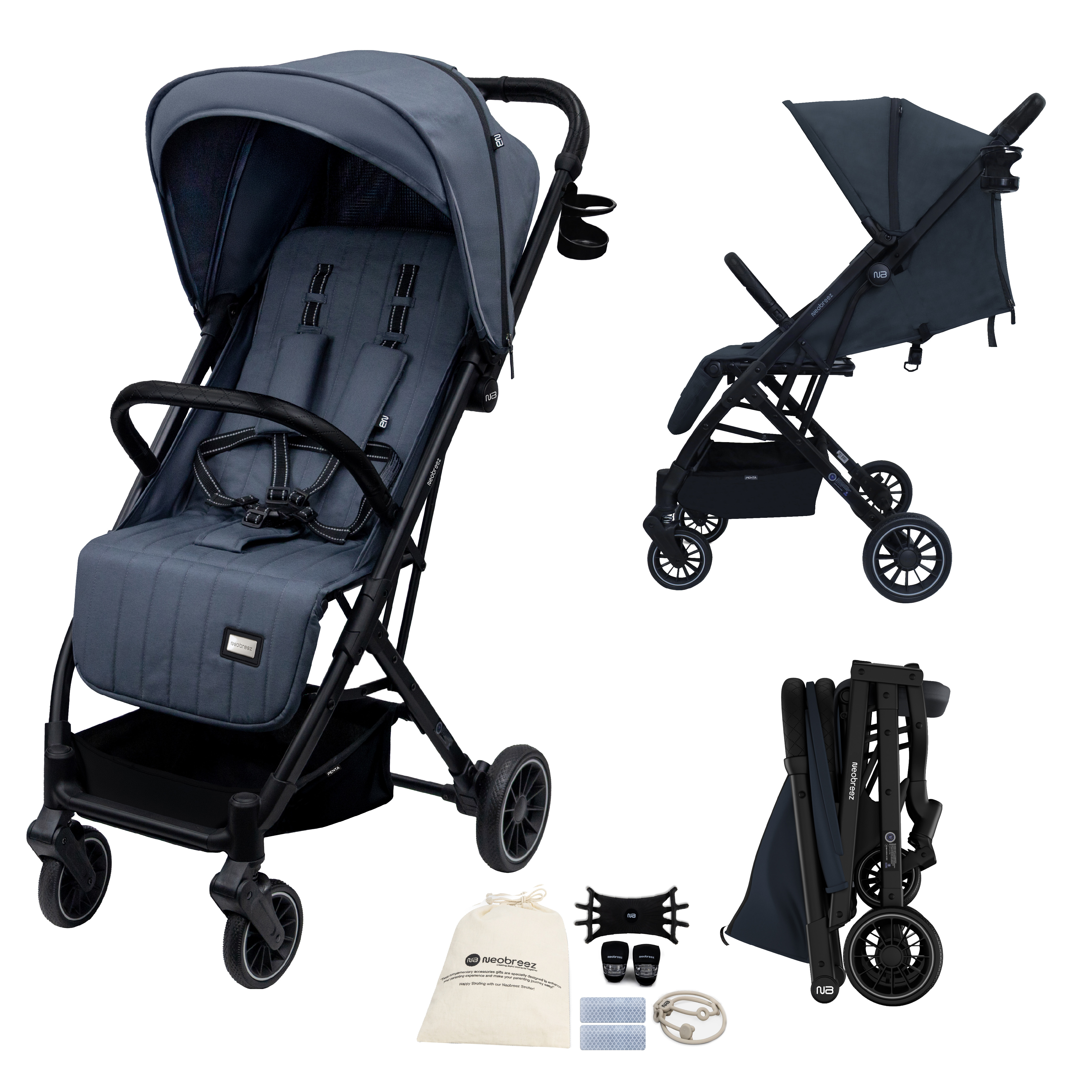 Neobreez - Penta Compact Lightweight Travel Stroller W/ Cup Holder - Black/Grey