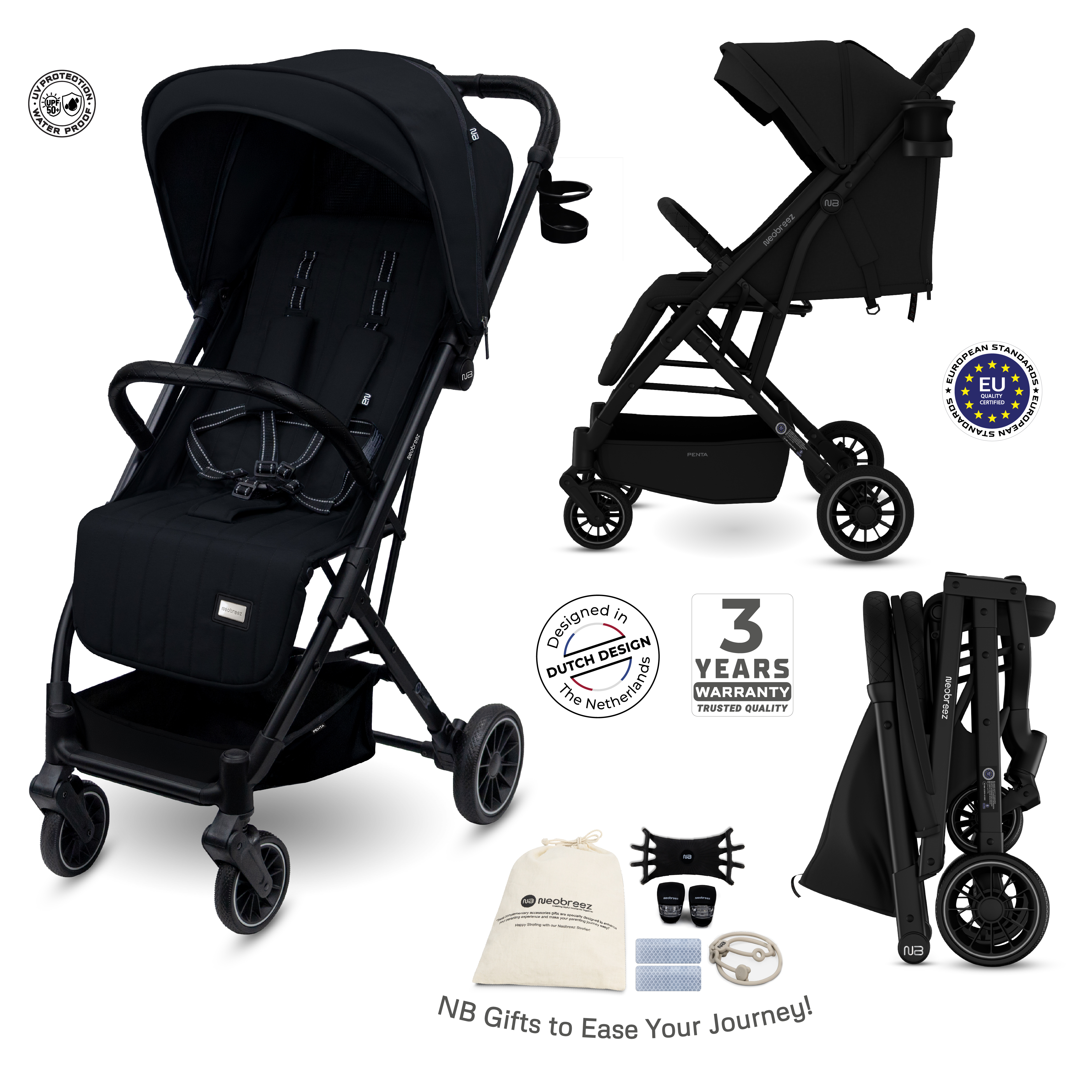 Neobreez - Penta Compact Lightweight Travel Stroller with Cup Holder - Black