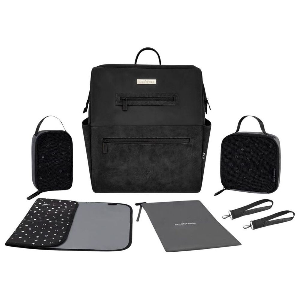 Neobreez - Rilo Diaper Backpack 7pc-Set W/ Changing Mat, Wet Bag, Pouches - Black